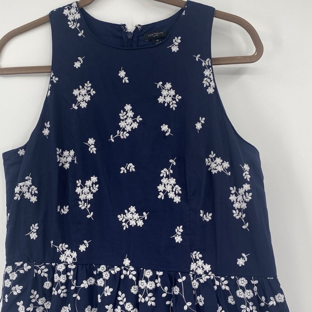 Ann Taylor Size 10P Navy Blue Floral Embroidered Midi Dress 100% Cotton Cottage - Picture 14 of 16